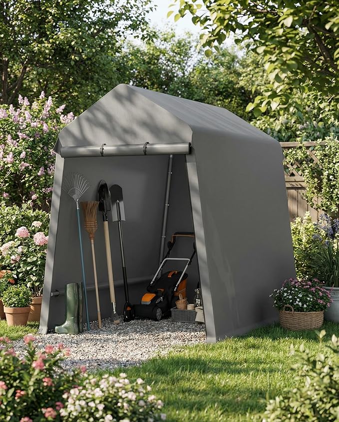 Garvee 6X8 Ft Outdoor Storage Shed, 2 Rolled Up Zipper Doors Portable Storage Shed, Waterproof Cover Vents Carports Temporary Shelter for Bike, Motorcycle, Gardening Tools, Generator, Grey