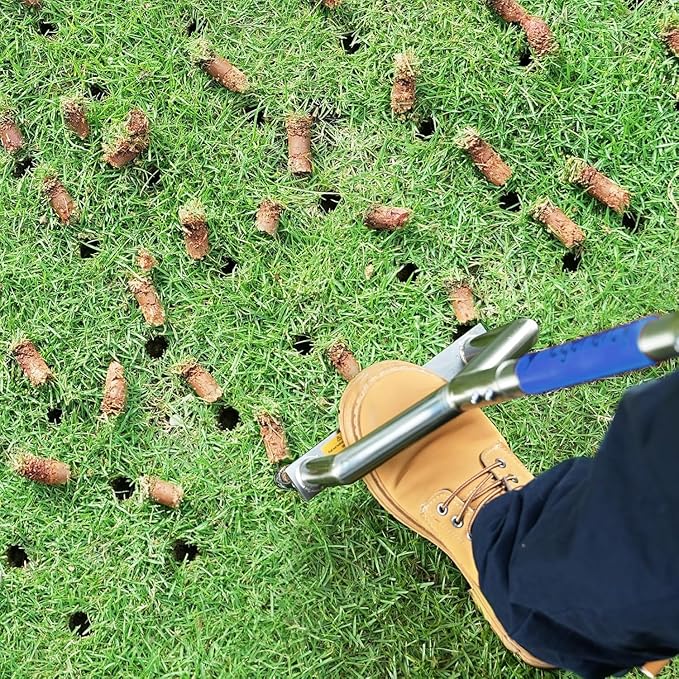 Manual Push Core Aerator Lawn Tool: Semi-Assembled Lawn Aerator with 3 Replaceable Hollow Tine - Yard Aeration Tool for Lawn Grass Plug Air Aerators, Handheld Lawn Care Coring Aerator - Blue
