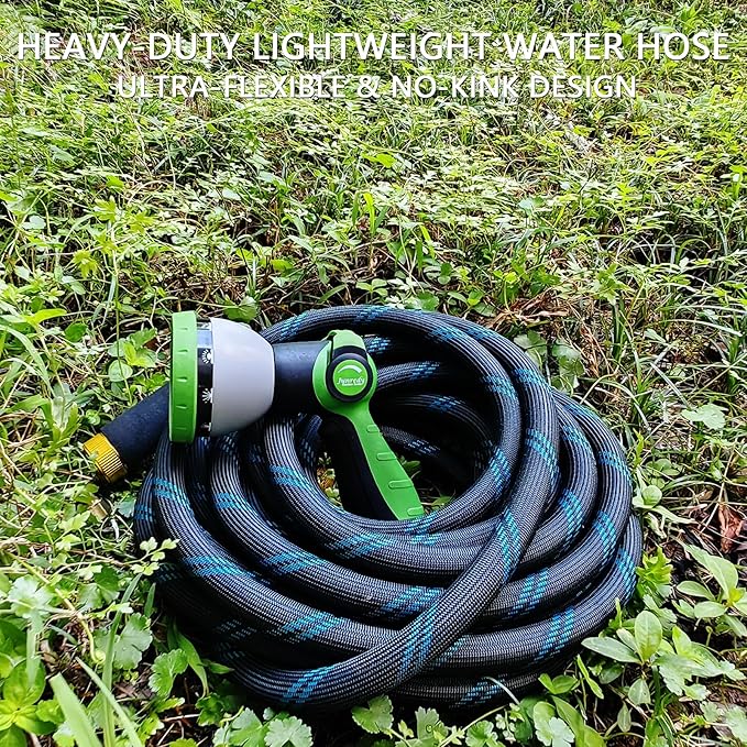 Junredy Garden Hose 50 FT, NON-EXPANDABLE Heavy-Duty Flexible & Lightweight Water Hose with 10-Function Nozzle, No-Kink, Leak-Proof Super Fabric, Solid Fittings for Lawn, Car, Outdoor (Black Blue)