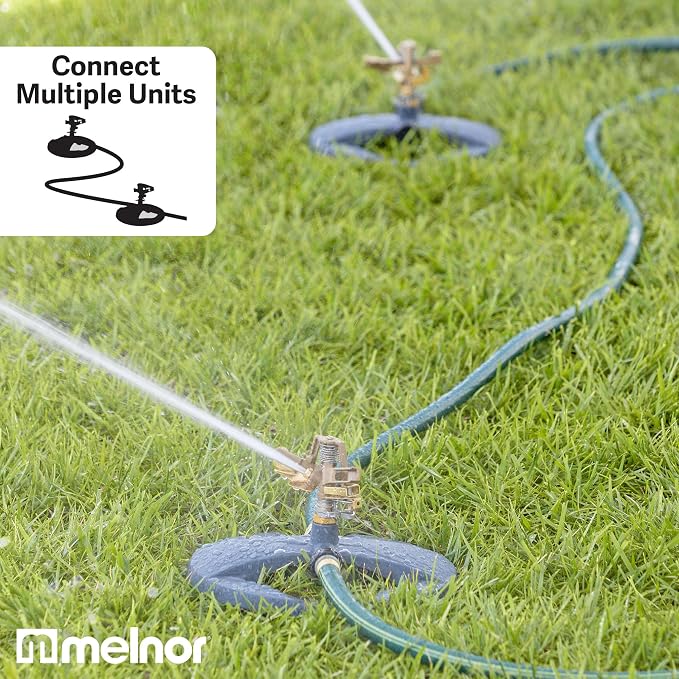 Melnor 65195AMZ Deluxe Pulsating Lawn Sprinkler, 85 ft. Diameter Coverage, Adjustable Watering Pattern, Metal Spray Head, Weighted Sled Base, Grey