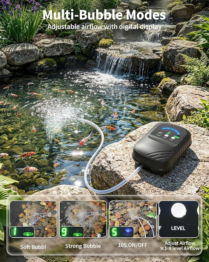 POPOSOAP Solar Pond Aerator with Digital Display, 4W Solar Air Pump 7/24H Oxygen Supply with Battery, 9 Adjustable Mode Oxygen Pump for Fish Pond, Koi Pond, Aquarium & Fishing Tank-P9335