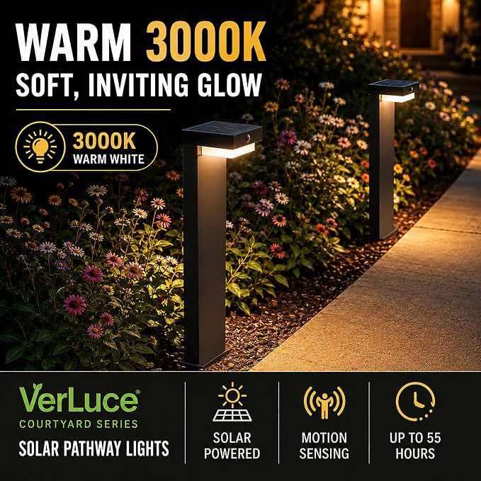 20.5" Solar Pathway Lights - Walkway Solar Lights for Outside - PIR Sensor & Two Lighting Modes - Rechargeable Battery Lasts Up to 55 Hours - 3000K - IP44 Weather Resistant - 2 Pack