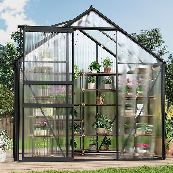 6x4FT Greenhouse for Outdoors, Walk-in Polycarbonate Greenhouse with Sliding Door, Adjustable Roof Vent & Gutter System, Portable Outdoor Green House Kit for Winter Gardening