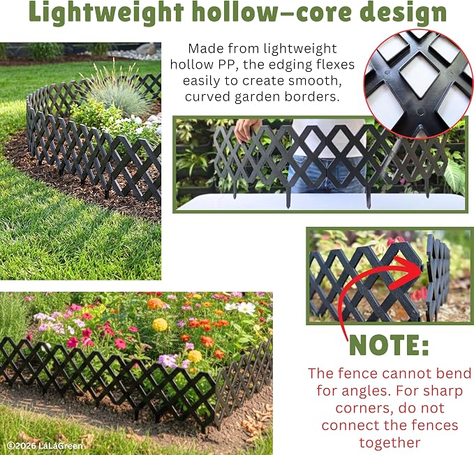 LaLaGreen Flower Bed Edging Fence (23 Inch, 10 Pack) Decorative Black Plastic Garden Border Panels for Lawn Yard Landscape, Backyard Patio Pathway Trees Rings Outdoor Small Fencing Barrier Decor
