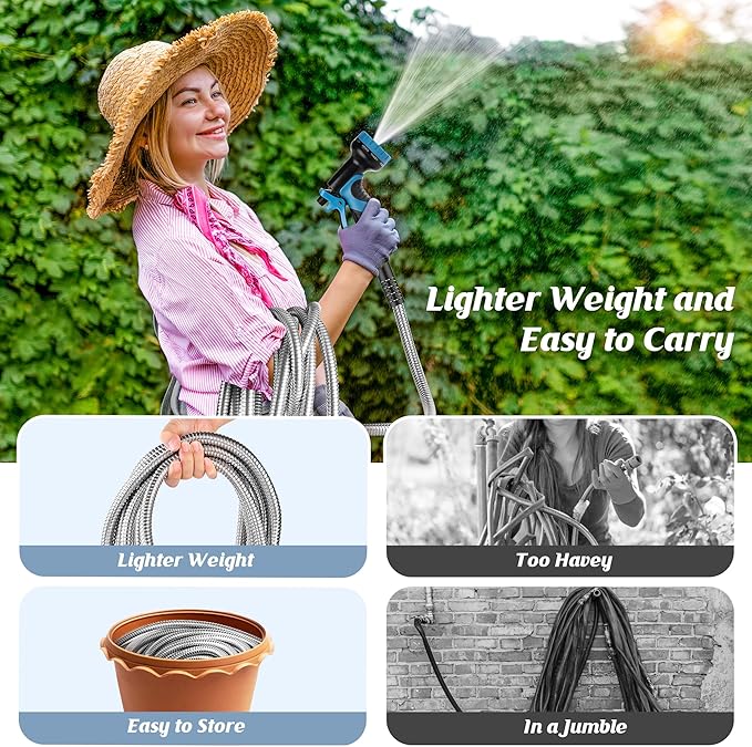Garden Hose 50FT, Water Hose with 10 Function Nozzle, Garden Hose Metal with Leak-proof Connectors, No-Kink, Lightweight, Puncture-proof, Pet-proof, Sturdy, 550PSI, Hose for Outdoor, Yard