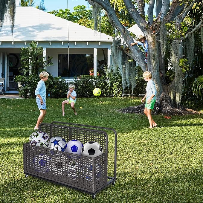 Garvee Poolside Float Storage Organizer, Outdoor Wicker Pool Storage Bin for Floats & Toys, Rolling Poolside Storage Rack for Pool Toy Noodles Equipment Accessroies