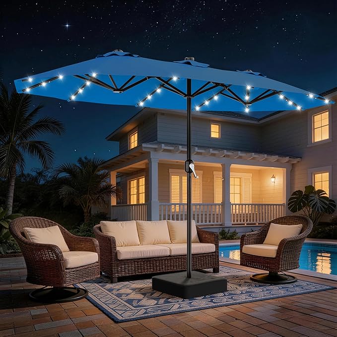 AreShark 13 FT Patio Umbrella with Solar Lights, Double-Sided Outdoor Table Umbrellas with Crank, Large Rectangular Market Umbrella for Porch, Lawn, Pool, Backyard, Royal Blue