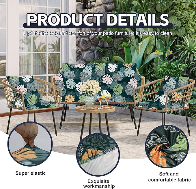 8Pcs Patio Cushion Covers,Outdoor Cushions Covers,Stretch Cushion Covers Replacement, Washable and Reusable Furniture Protectors(Green Charm)
