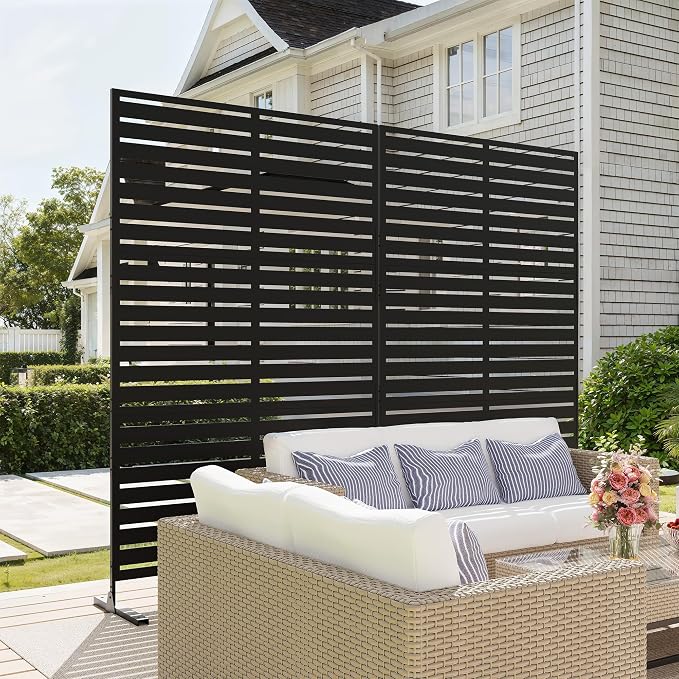 Garvee 72" H x 47" W Outdoor Metal Privacy Screen, 6FT Decorative Privacy Fence Freestanding Panels with Stand, Room Dividers, Patio Metal Screen Panel for Garden Yard Balcony Deck, Black
