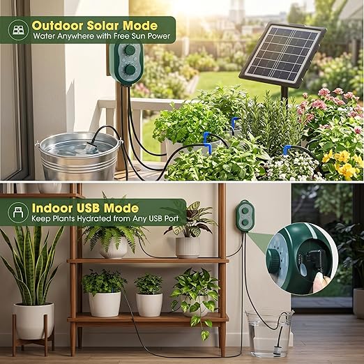 50FT Solar Automatic Drip Irrigation Kit System, Smart Self-Watering System with USB Charging for Outdoor Indoor Use, 2200mAh Automatic Watering System Supports 15 Pots for Garden, Balcony & Patio