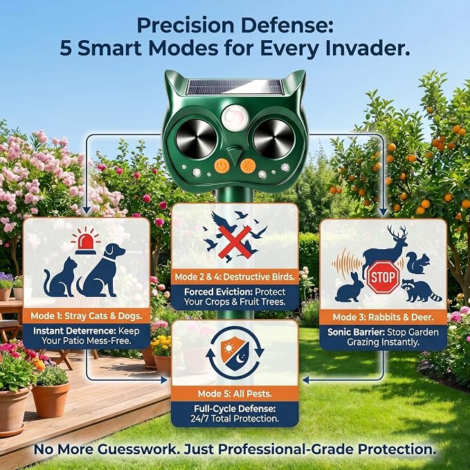 2Pack Upgraded Deer Repellent Devices Solar Ultrasonic Animal Repellent Outdoor with Motion Sensor Strobe Light for Squirrel Raccoon Rabbit Cat Bird Volume Control Keep Pests Out of Yard Farm