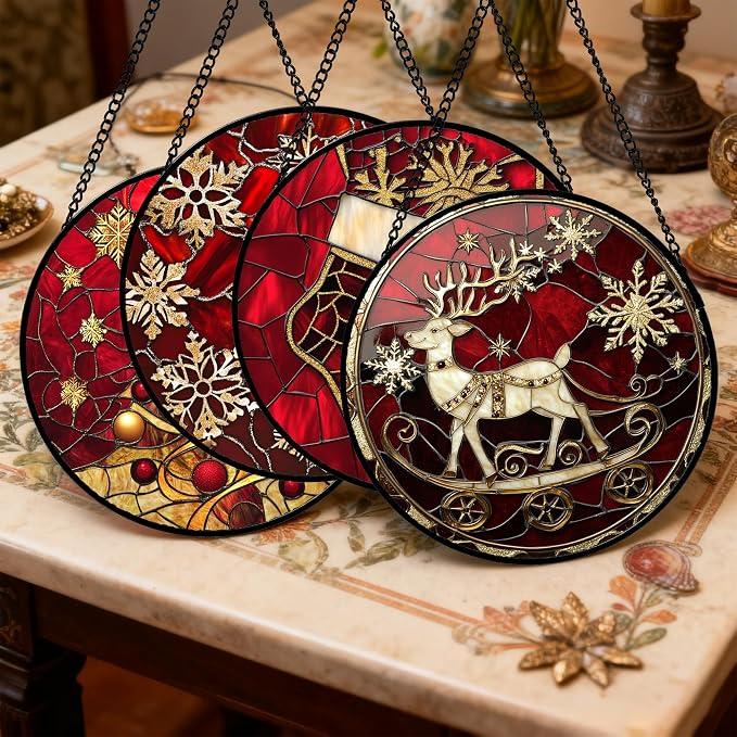 DASTOLL Stained Glass Window Hanging 4 Pcs Set Red Christmas Elk Snowflakes 6.3" - Deer Suncatcher Door Garden Sun Catcher Decor Birthday for Mom Woman Nana Men Friend