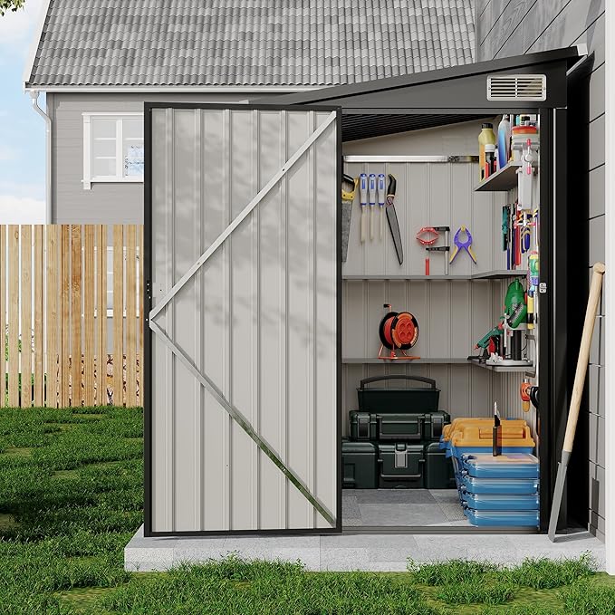 4×8 ft Lean to Storage Shed, Heavy-Duty Outdoor Metal Storage Shed, Garden Tool Metal StorageHouse W/Lockable Door and 2 Air Vents