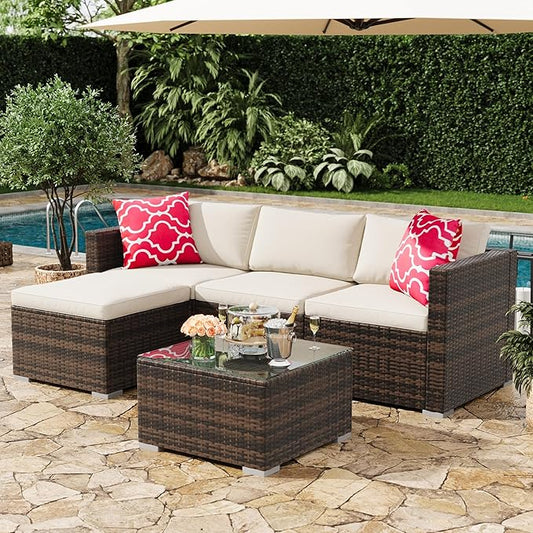 5-Piece Outdoor Sectional Sofa Set, All-Weather PE Rattan Patio Furniture with Ottoman & Tempered Glass Table, Convertible Garden Couch for Backyard, Porch, Poolside (Brown/Beige)