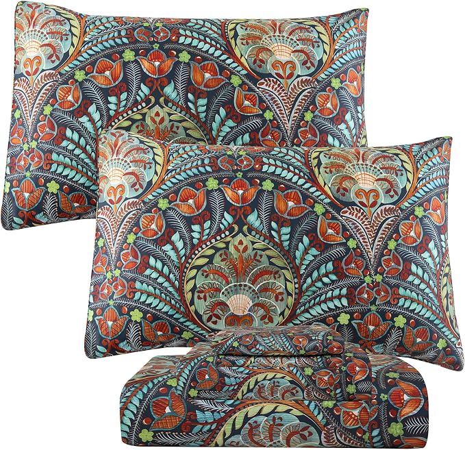QSH Boho Sheets King Size - 100% Egyptian Cotton Bohemian Patterned Sheets Printed Bedding King Size Bed Sheets 17.5" Extra Deep Pocket 4pcs