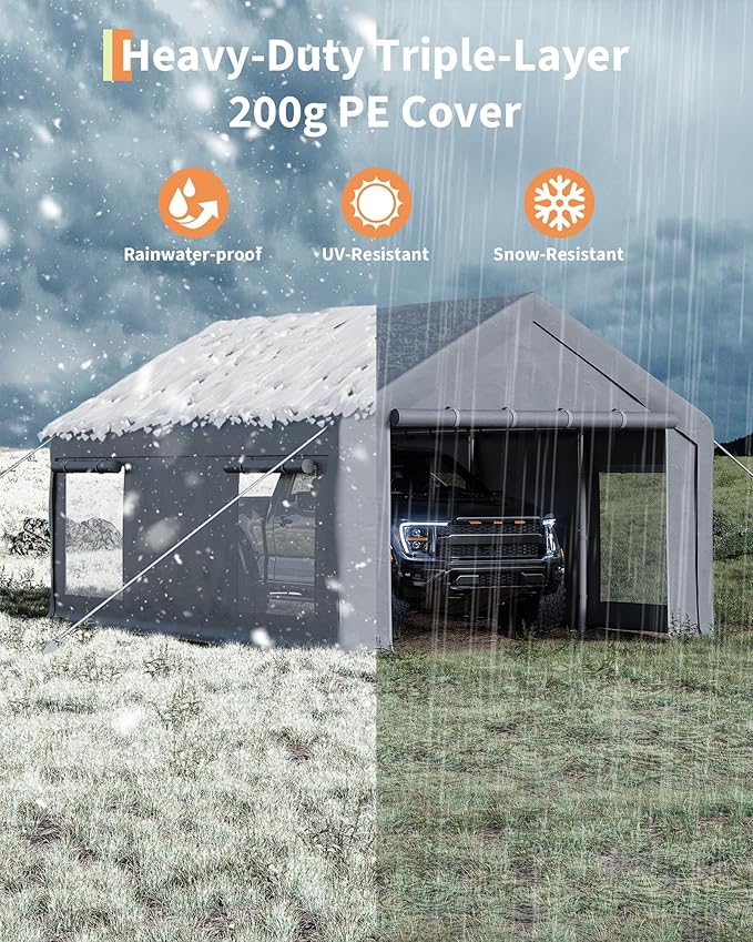 12x20 ft Portable Garage, Heavy Duty Carport with 200g PE Canopy, Roll-Up Doors and 4 Mesh Windows, 21 & 18 Galvanized Steel Frame, Outdoor Carport Shelter for Truck Boat SUV Tractor, Grey