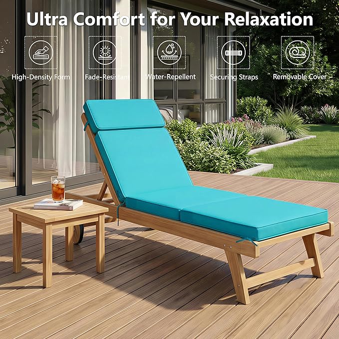 80 x 26 Inch Outdoor Chaise Lounge Cushion - Removable Cover, 4-Section Design, Water-Repellent & Fade-Resistant, 6 Tie Straps, Replacement for Patio & Pool Chairs - Teal