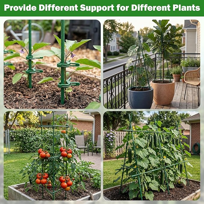 Garden Stakes 20 Pack, 16 Inch Plastic Coated Metal Plant Support Stakes, Sturdy Tomato Stakes with 14 Connectors 14 Rotatable Clips 14 Plant Clips for Indoor Outdoor Vegetables