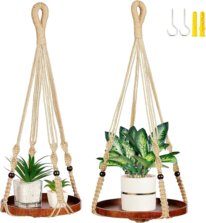 2 Pack Macrame Plant Hanger | Plant Hanger Indoor, Hanging Planter Shelf | Hanging Planter (Jute) (1 Large + 1 Medium)