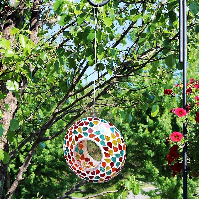 Sunnydaze 6-Inch Glass Mosaic Hanging Bird Feeder for Outdoors - Fly-Through Glass Bird Feeder for Cardinals, Jays, Finches and More - Confetti Mosaic