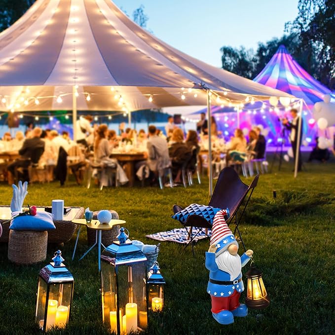 Gift Boutique Patriotic Gnome Decor with Lantern Red White Blue Garden Statue 11in Tall Indoor Outdoor Holiday Yard Decoration Memorial Day 4th of July Porch Accent