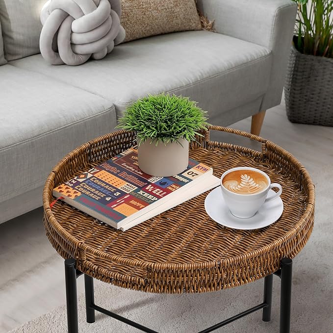DINGTAI Small Wicker Round End Table, 16.5 in Rattan End Tables with Removable Tray, Waterproof Sofa Coffee Side Table, Indoor Outdoor Side Tables for Patio, Living Room Bedroom Office