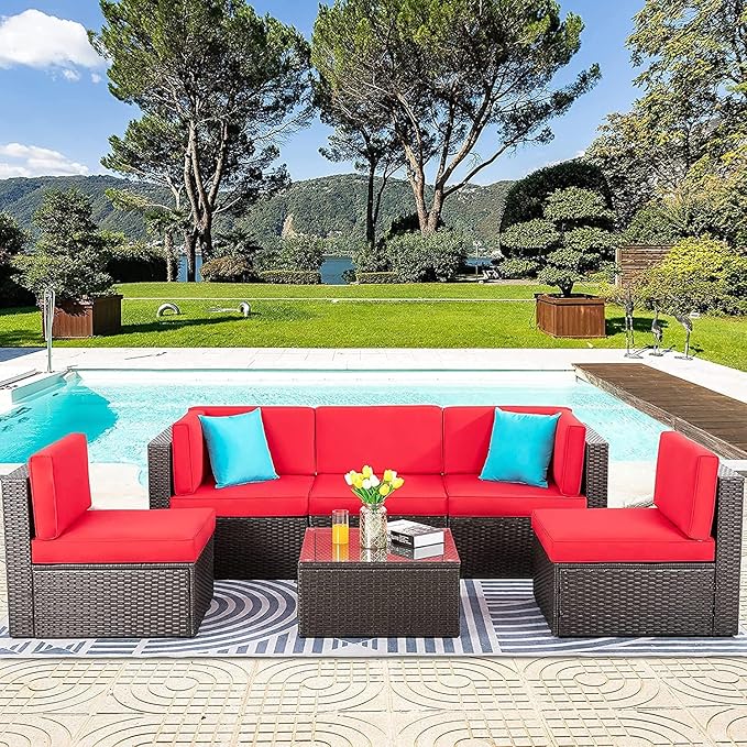 Vongrasig 6 Pieces Patio Furniture Set, Outdoor Sectional Sofa Couch, All Weather PE Rattan Patio Conversation Sets with Coffee Table for Garden, Backyard, Poolside (Red)