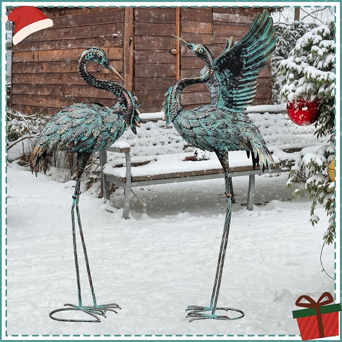 Garden Statues Large Metal Crane Sculptures, Outdoor Heron Metal Statue Yard Art for Garden Decor, Realistic Bird Art for Outdoor Decor, Standing Lifelike, Water&Rust-Proof, Set of 2 Bronze