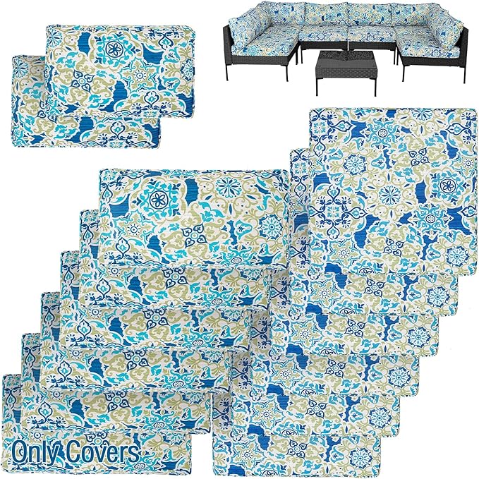 14Pcs Patio Cushion Covers Replacement Splashproof UV-Resistant Inelastic Covers with Zippers, Max Compatible 24.8x24.8x3.54inch Patio Cushion, for 7 Pcs Outdoor Patio Furniture Sets