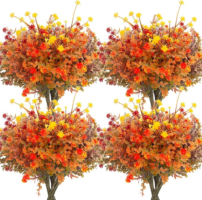 Hananona 24 Pcs Artificial Fall Flowers Outdoor, Faux Artificial Plants UV Resistant Plastic Autumn Flower for Hanging Planter Front Door Porch Window Home Decor (24, Orange)