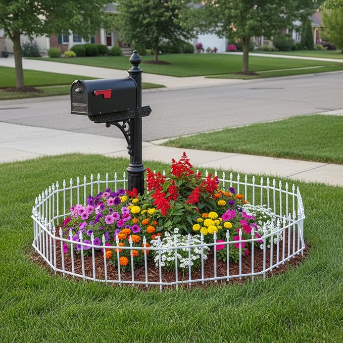 Sunnydaze Decorative Garden Fence Border - 22 in W x 18 in H No Dig Metal Edging for Flower Beds, Yard, Lawn, Pathways and Landscaping - Roman Finial Design - 9ft - 5 Panels - White