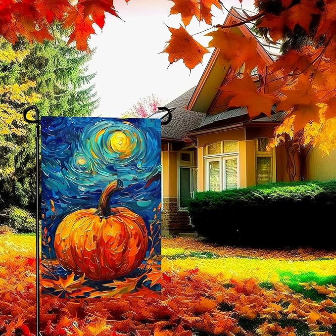 Fall Garden Flag Pumpkin Maple Leaf Yard Flags Van Gogh Garden Flags Art Starry Night Sky Moon Garden Flags Autumn Harvest Thanksgiving House Banner for Patio Farmhouse Outdoor 12 x 18 Inch