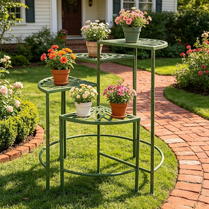 Rustic 4 - Tier Metal Plant Stand - Foldable Distressed Green Corner Plant Rack, Vintage Flower Pot Holder Shelves for Patio Porch Garden Balcony Living Room Use, Indoor/Outdoor Home Decor (Green)
