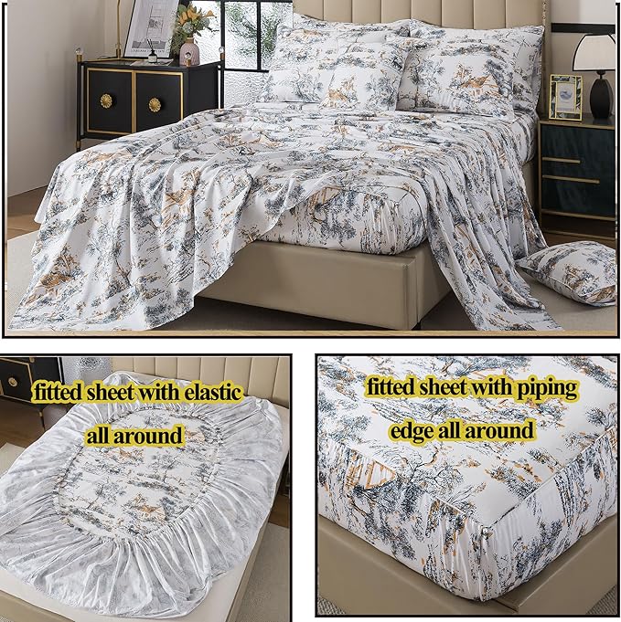 FADFAY Toile Sheets Set Twin 100% Egyptian Cotton French Country Toile de Jouy Bedding Classic Black and Gold Floral Bed Sheets Shabby Farmhouse Bedding Breathable Soft Deep Pocket 4Pcs, Twin Size