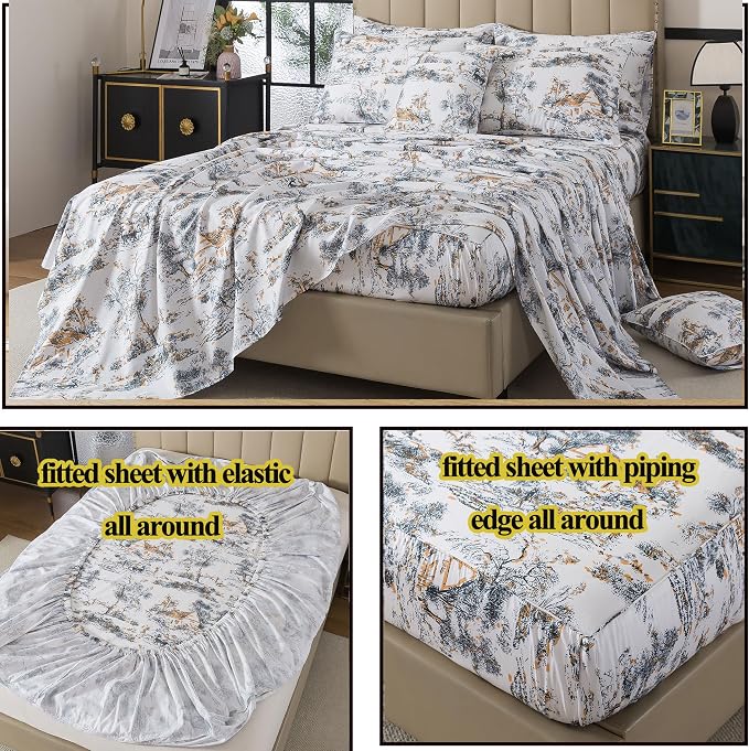 FADFAY Toile Sheets Set Queen 100% Egyptian Cotton French Country Toile de Jouy Bedding Classic Black and Gold Floral Bed Sheets Shabby Farmhouse Bedding Breathable Soft Deep Pocket 4Pcs, Queen Size