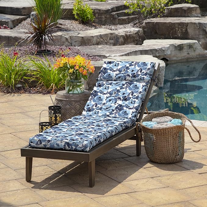 Arden Outdoor Chaise Lounge Cushion, 22 x 77, Rain-Proof, Fade Resistant Blue Garden Floral