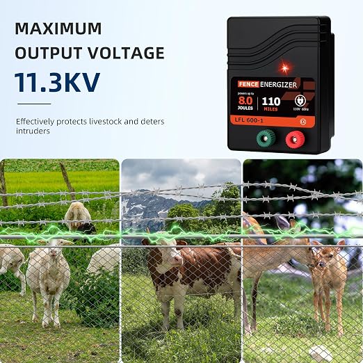 Electric Fence Charger AC Powered 110 Miles, 110 Volt 8 Joule Plug-in Electric Fence Energizer, Output Voltage Max 11.3 KV for Livestock, Preventing Predators from Intruding