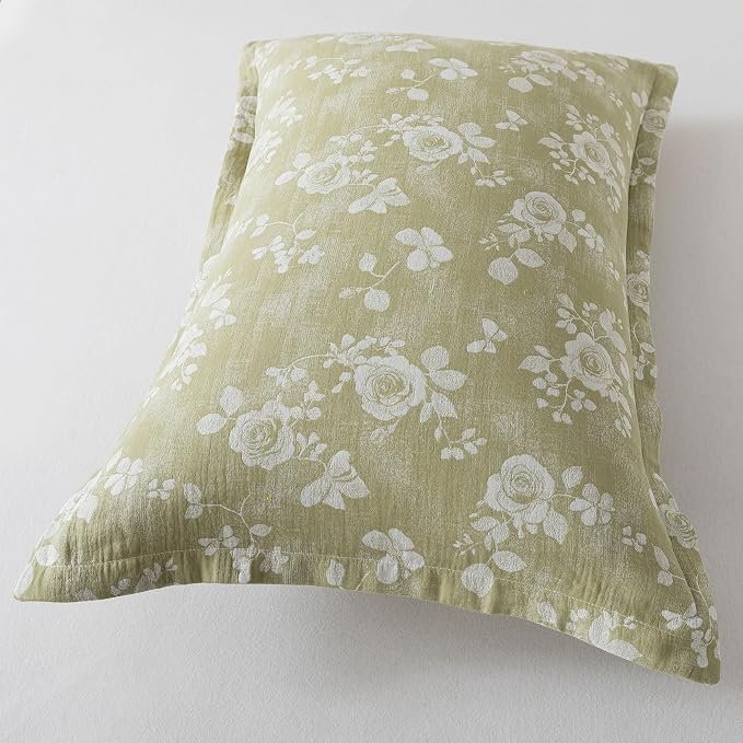 FADFAY Sage Green Sheets Set Queen 100% Cotton Washed Double Gauze Muslin Bedding 4Pcs Vintage Rose Floral Sheets Shabby Cottagecore Bedding Soft & Breathable Deep Pocket Fitted Sheet, Queen Size