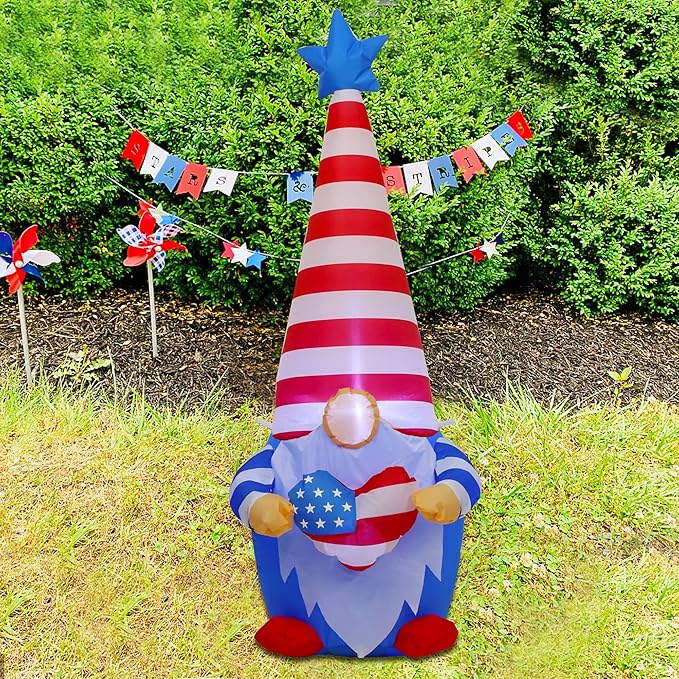 Juegoal Patriotic Independence Day Inflatable, 4FT Blow Up Gnome, 4th of July Outdoor American Uncle Sam, Lighted Tomte Elf with Top Hat for Lawn Yard Home Veterans Day Celebration Garden Decor