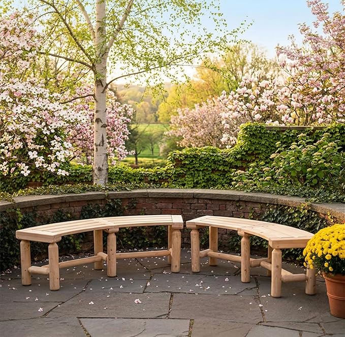 Outdoor Wooden Curved Backless Porch Bench Rustic Style Cedar/Fir Wood Log Fire Pit Bench for Patio Garden Deck and Backyard, 40"-54" W×13" D×16.5" H, 2 Packs