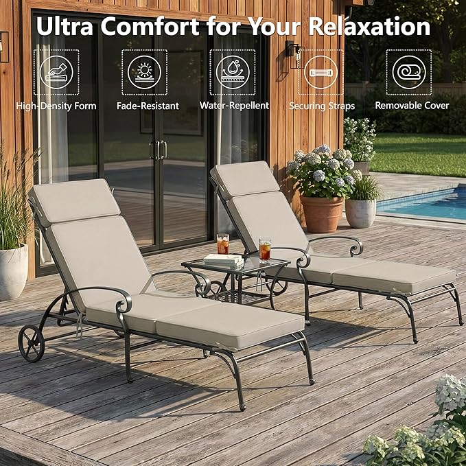 80 x 26 Inch Outdoor Chaise Lounge Cushions Set of 2 - Removable Cover, 4-Section Design, Water-Repellent & Fade-Resistant, 6 Tie Straps, Replacement for Patio & Pool Chairs - Cream