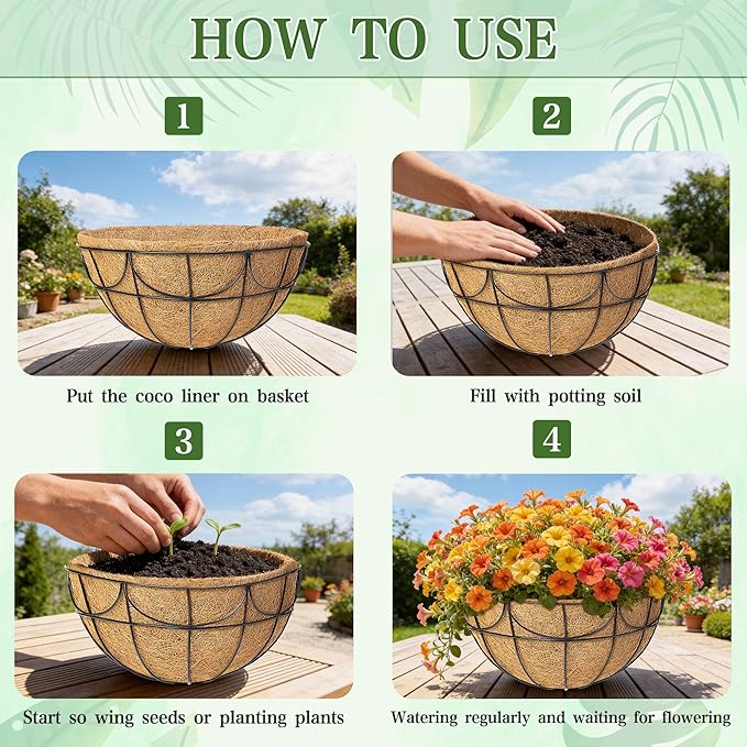 12 Inch 4 Pack Hanging Baskets Planters for Outdoor Plants - Wire Hanging Baskets Plant for Plants Outdoor with Coco Liners Minimalist Metal Hanging Pots for Outside Garden Patio Porch Decor