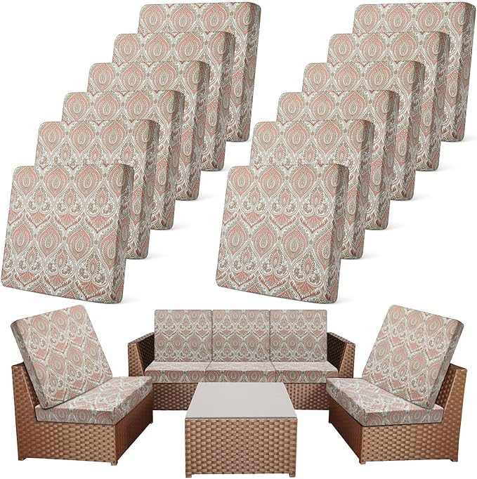 Newwiee 12 Pcs Patio Cushion Covers Outdoor Stretch Sofa Couch Cover Replacement Couch Slipcover Sofa Seat Chair Porch Patio Furniture Protector, Flexibility Washable(Red,Paisley Print)