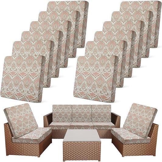 Newwiee 12 Pcs Patio Cushion Covers Outdoor Stretch Sofa Couch Cover Replacement Couch Slipcover Sofa Seat Chair Porch Patio Furniture Protector, Flexibility Washable(Red,Paisley Print)