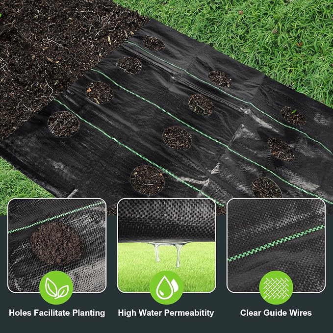 2PCS Weed Barrier Landscape Fabric, 33 x 3.3 Ft Garden Weed Barrier Fabric Heavy Duty with Planting Holes, Ground Cover Weed Barrier Weed Cloth with 20 U-Shaped Ground Nail for Weed Control