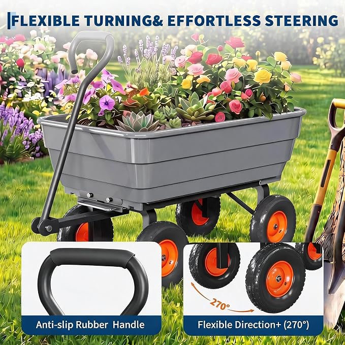 600 lb Poly Garden Dump Cart, Wheelbarrow Yard Cart with 10 in Wheels, Quick-Dump & Towable Utility Wagon with Convertible Handle for Yard, Soil, Rocks（Gray）