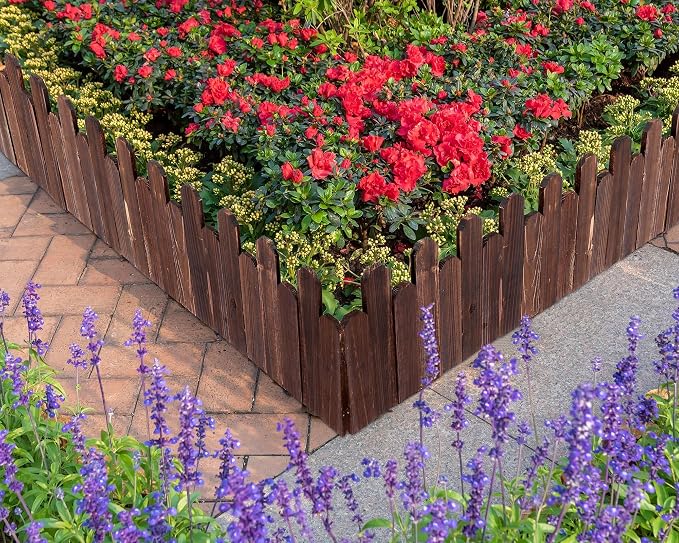 Soaoo 4 Pack Wood Garden Edging Border Outdoor Flexible Landscape Border Fence Decorative Lawn Edging with Gloves for Flower Bed Pathway Garden Yard (16 ft)