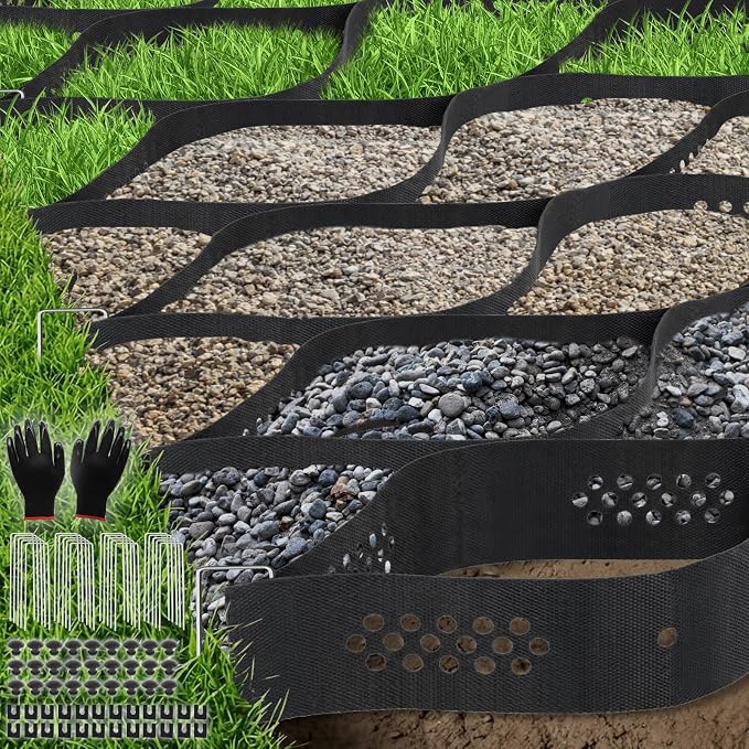 4" Thick Gravel Grid 9ft X 27ft, Gravel Stabilizer Grid for Pavers Base, Geogrid 1900 Lbs/Sq Ft Load with 85 Geocell Accessories & Gloves for Driveway Parking Ground Walkway Dirt Locker Slope