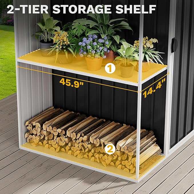 DWVO 8 x 4 ft Outdoor Storage Shed with 2-Tier Shelf, Metal Tool Shed & Garden Storage Cabinet for Backyard, Patio, Equipment & Bike, Dark Gray