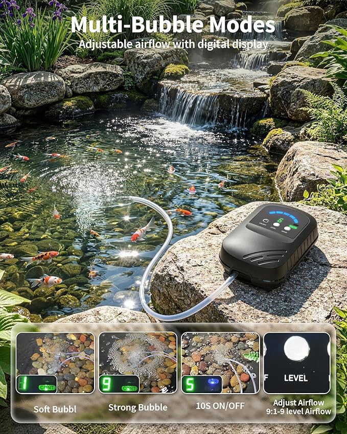POPOSOAP Solar Pond Aerator with Digital Display, Solar Air Pump 7/24H Oxygen Supply with Battery, 9 Adjustable Mode Oxygen Pump for Fish Pond, Koi Pond, Aquarium & Fishing Tank-P9325